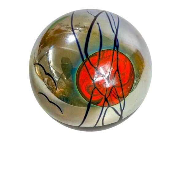 Correia Studios Red Sun & Birds Iridescent Art Glass Paperweight - Picture 1 of 7